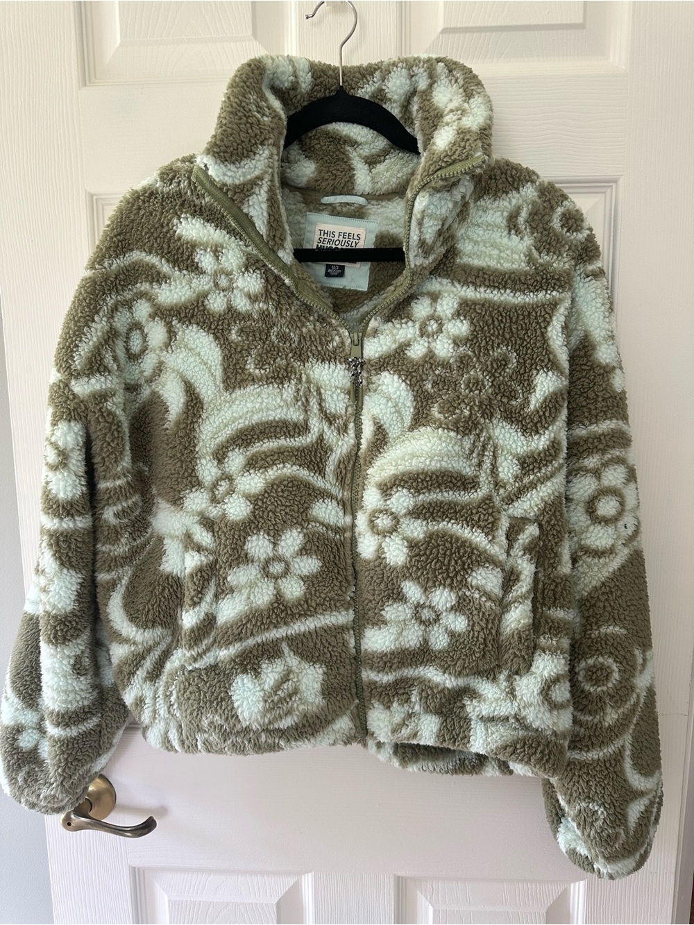American Eagle Outfitters Olive & Mint Floral Sherpa Jacket